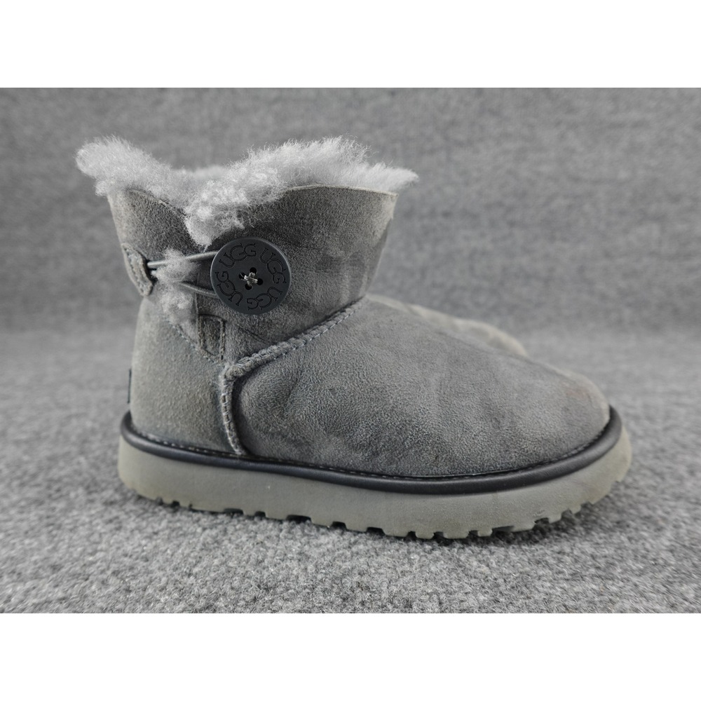 UGG Mini Bailey Button II Kids Size 6 Grey Suede Ankle Boots 1019031